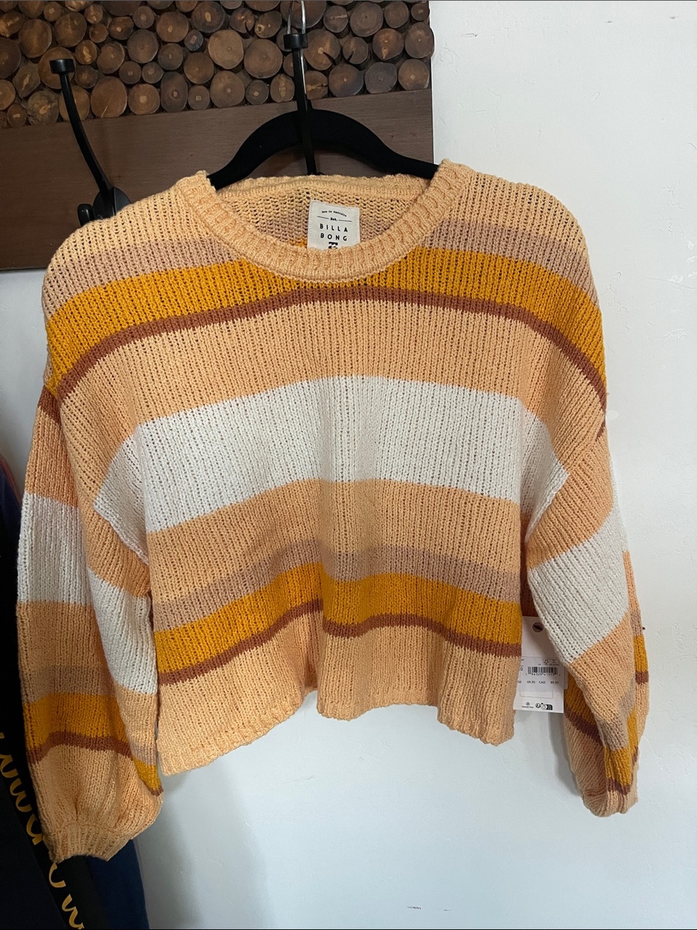 Billabong Striped Cropped Knit Sweater - Cream, Tan & Mustard